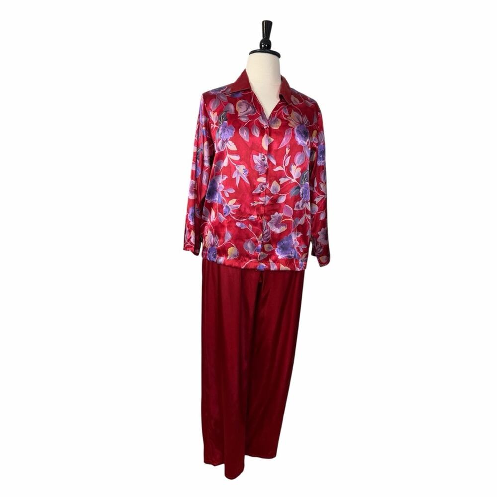 Warner’s Satin Pajama Set 2-Piece Red Floral Long Sleeve Top Pant NEW Size 1X